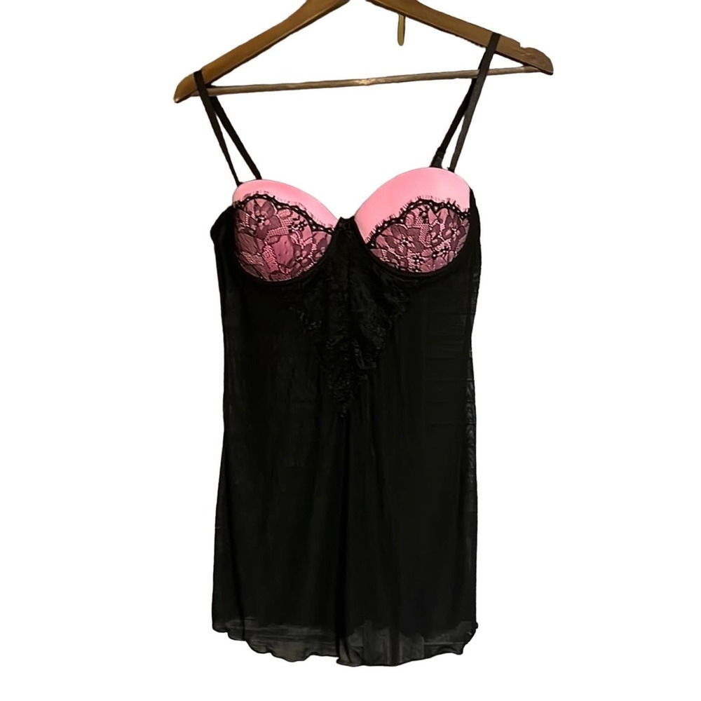 Sheer Pink‎ and Black Nightgown Teddy Lingerie
